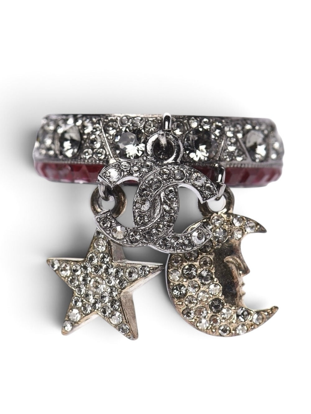 CHANEL Strass Silver & Gold Metal Moon Star CC Crystal Ring Size 6